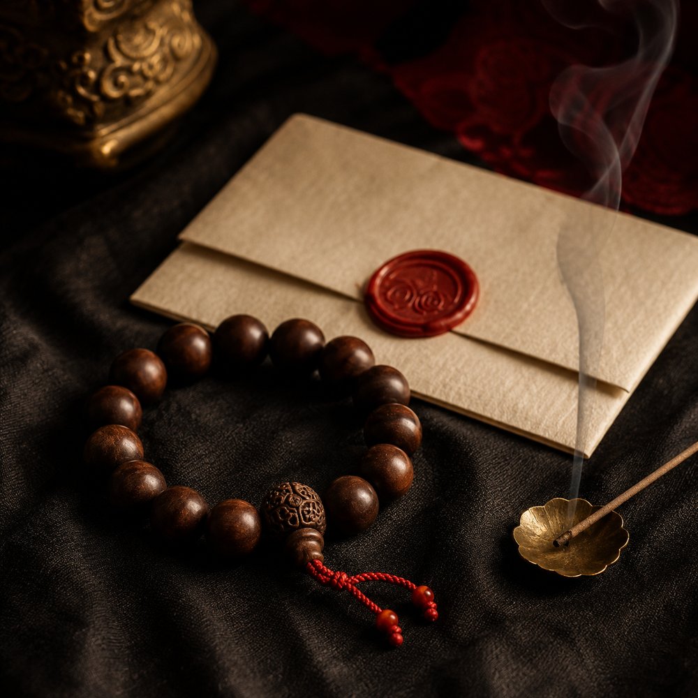 تصوّر لتصميم سوار The Blessed Eight — خشب الصندل + البخور