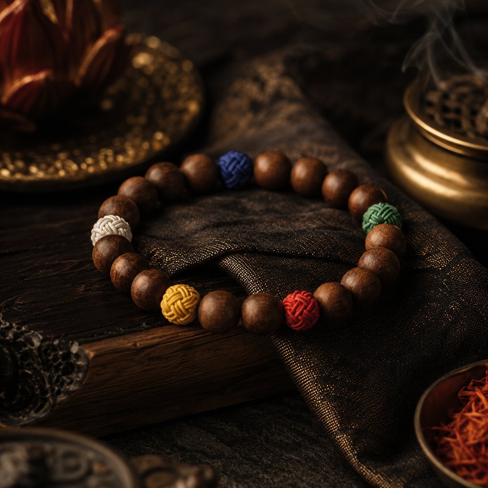 Devotion — تصوّر لتصميم سوار من خشب الصندل + ألوان البوذات الخمسة